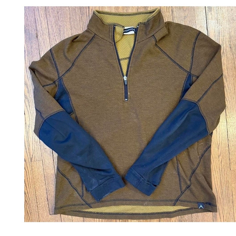 Avalanche Wear Mens Quarter Zip Pullover Brown Blue Thumbhole Hiking Sweater L